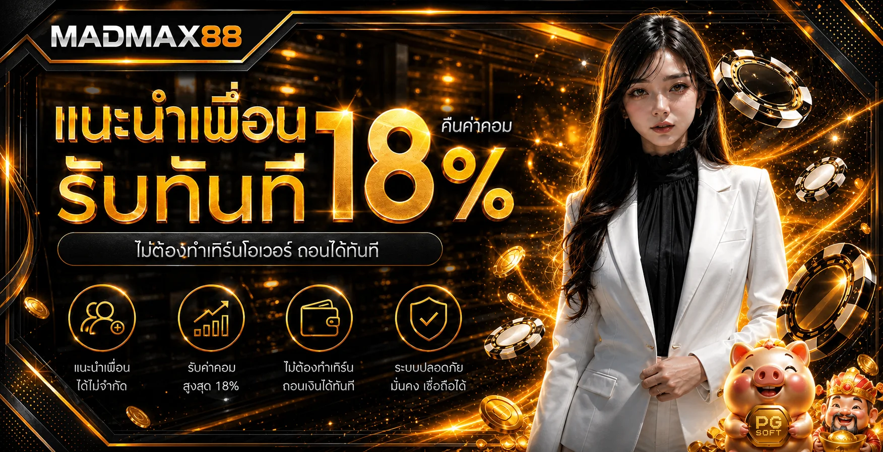 แบนเนอร์โปรแกรมแนะนำเพื่อน MADMAX88 พร้อมตัวละครเกม